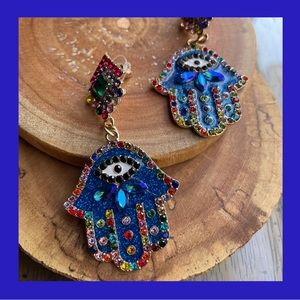 Hand of Fatima, Hamsa, Evil Eye pierced crystal rhinestone earrings